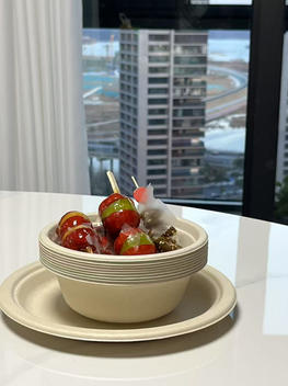 Eco-friendly sugarcane bagasse bowl and cup set for foodservice use