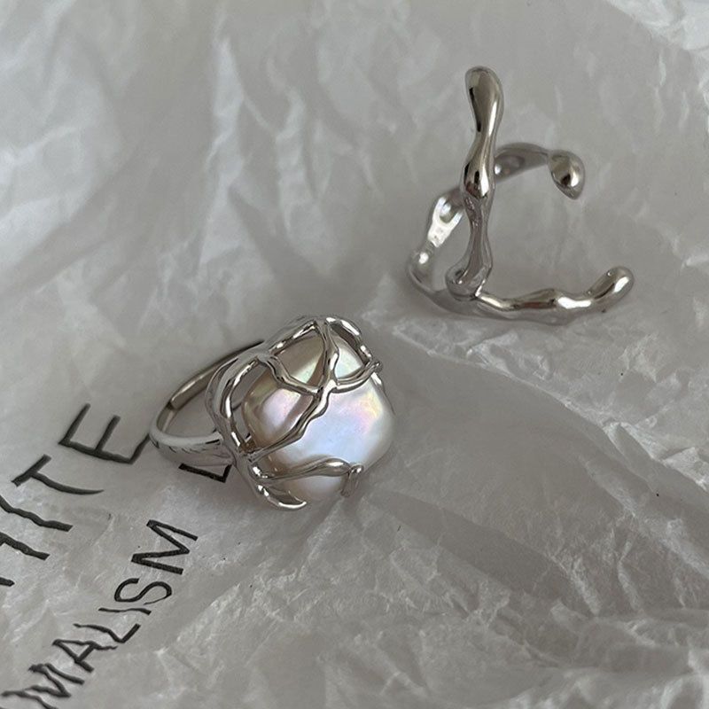 Thumbnail: Gothic Punk Pearl Irregular Twining Rings for Women Vintage Silver Color Adjusta