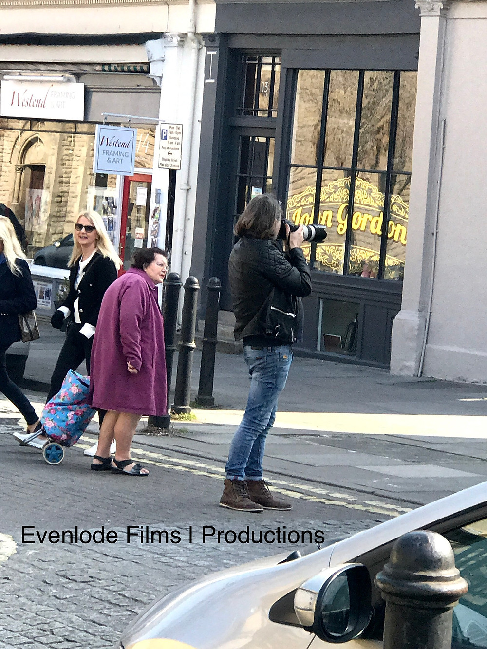 Tim Mountain of Evenlode Films and Productions - causing a bit of a stir in Montpellier outside John Gordon's