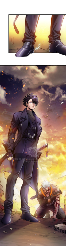 Action fantasy webtoon with a smart man standing