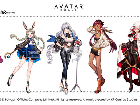 Anime characters in colorful outfits, each with unique accessories. Text reads "Avatar Scale." KP Comic logo in the top right.