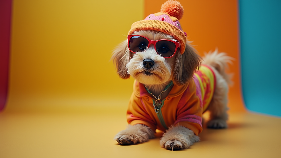 Eye-level view of a stylish dog wearing a colorful outfit