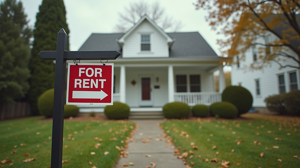 Eye-level view of a residential rental property with a "For Rent" sign