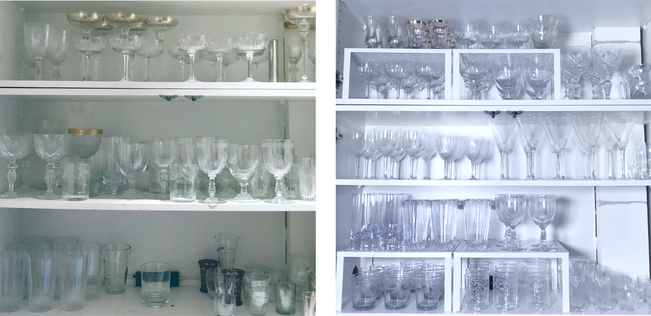 Skap før og etter organisering av vinglass og drikkeglass.
