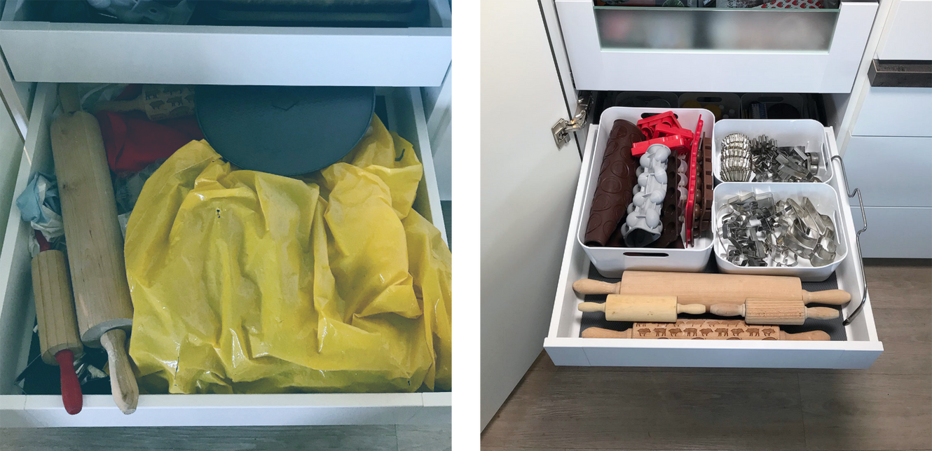 Rotete kjøkkenskuff med baketilbehør og bakeformer før og etter kjøkkenorganisering.