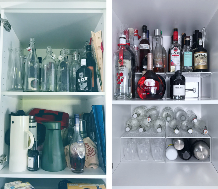 Før- og etterbilder av kjøkkenskap med flasker og serveringsutstyr.