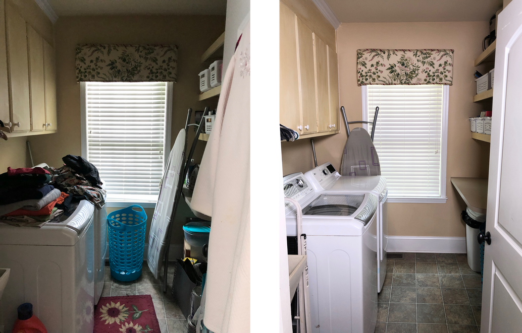 Vaskerom før og etter med klær, rengjøringsmidler og oppbevaring.