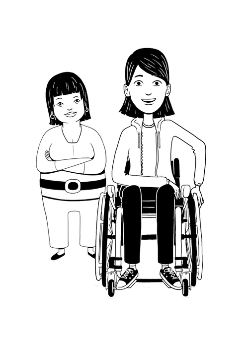 Comic of a wheelchair user. Behind her a woman is standing her arms folded. Both smiling confidently