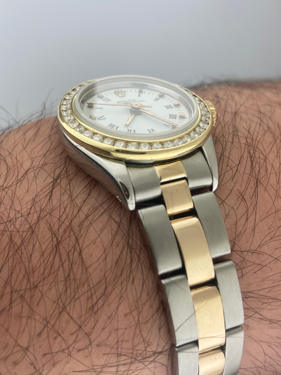 Thumbnail: Rolex 26mm Oyster Perpetual 6719 White Roman 18k Gold Diamond Bezel ( SOLD)