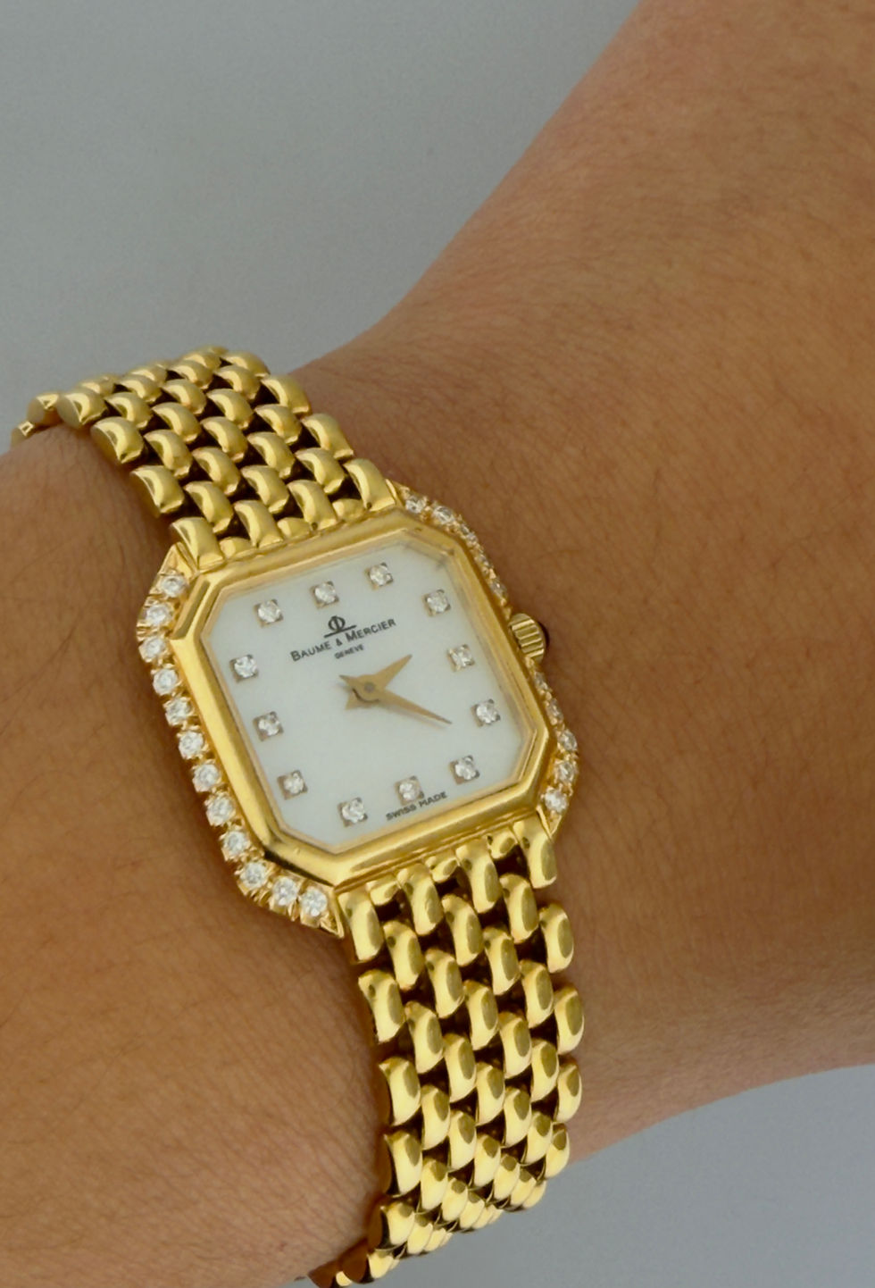 Thumbnail: Baume & Mercier 18259 20mm 18k Solid Yellow Gold Diamonds Pearl Dial & Bezel