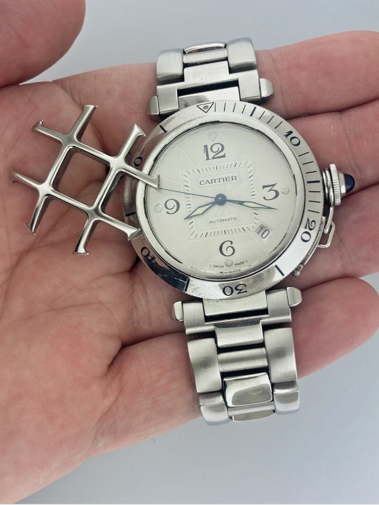 Thumbnail: Cartier Pasha 38mm Silver Steel Grid Grill Date Automatic Skeleton 2379 Mint