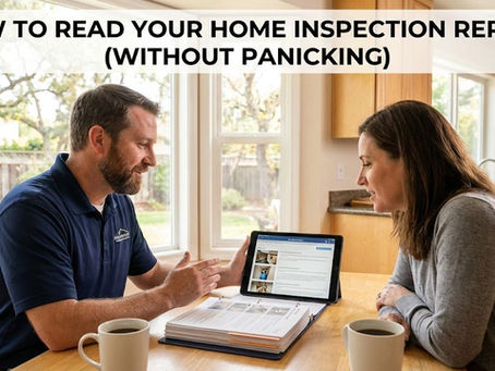 A home inspector sitting at a table with a woman, reviewing the Home Inspection Report together inside the house