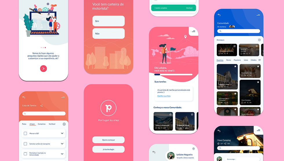 Screenshot of Portugal By Step app's multi-page design featuring vibrant colors, intuitive navigation