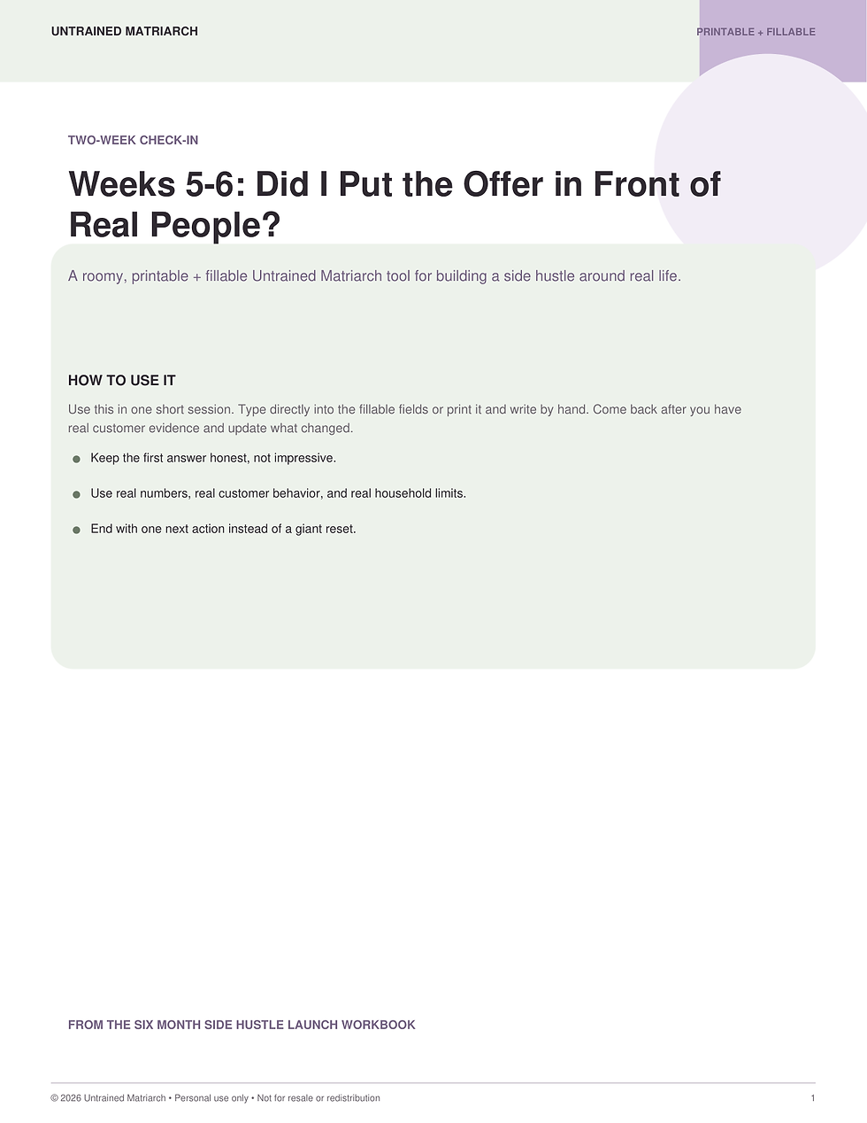 Weeks 5-6: Did I Put the Offer in Front of Real People? printable by Untrained Matriarch
