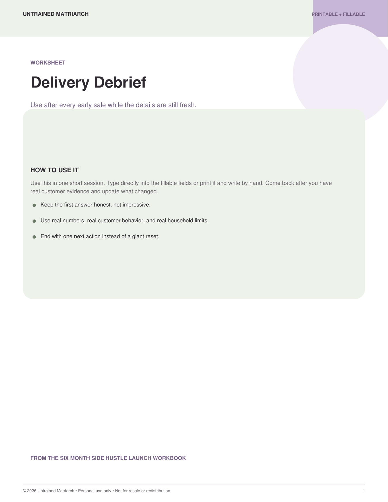 Delivery Debrief printable by Untrained Matriarch