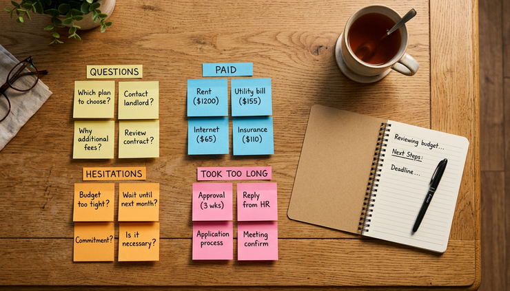 Overhead view of a dining table with sticky notes sorting customer questions and paid test results