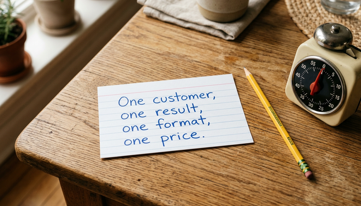 Close-up view of a handwritten offer card with a pencil and a small kitchen timer