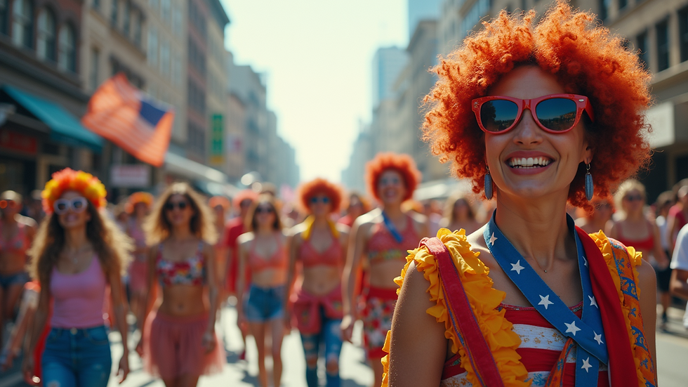 Eye-level view of a vibrant Labor Day parade with colorful floats