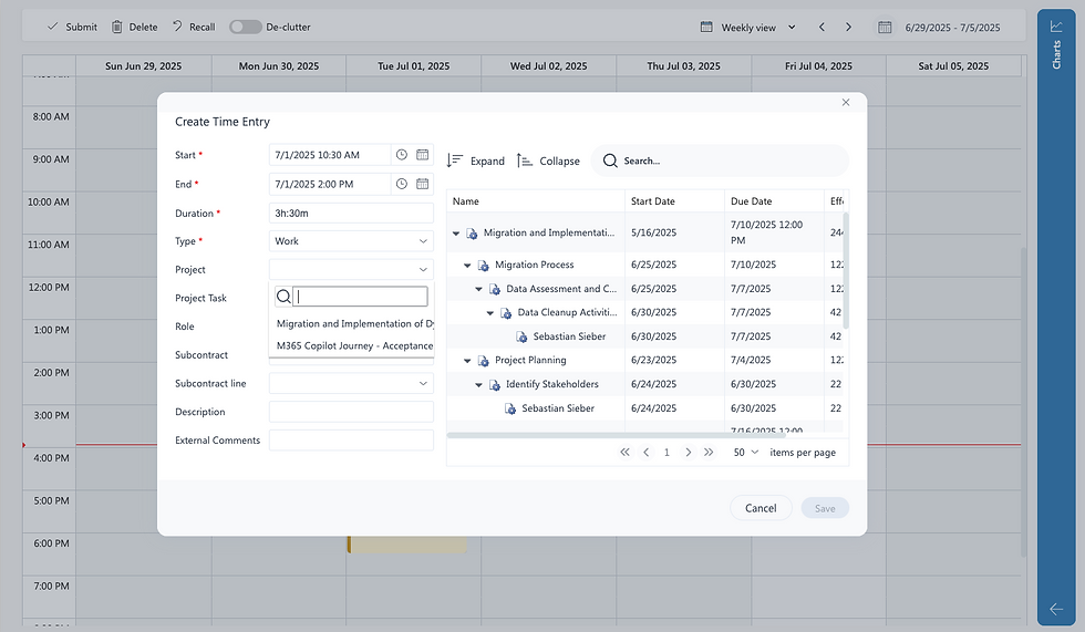 Calendar interface showing a "Create Time Entry" form with fields for date, duration, and type. Right pane lists project tasks.