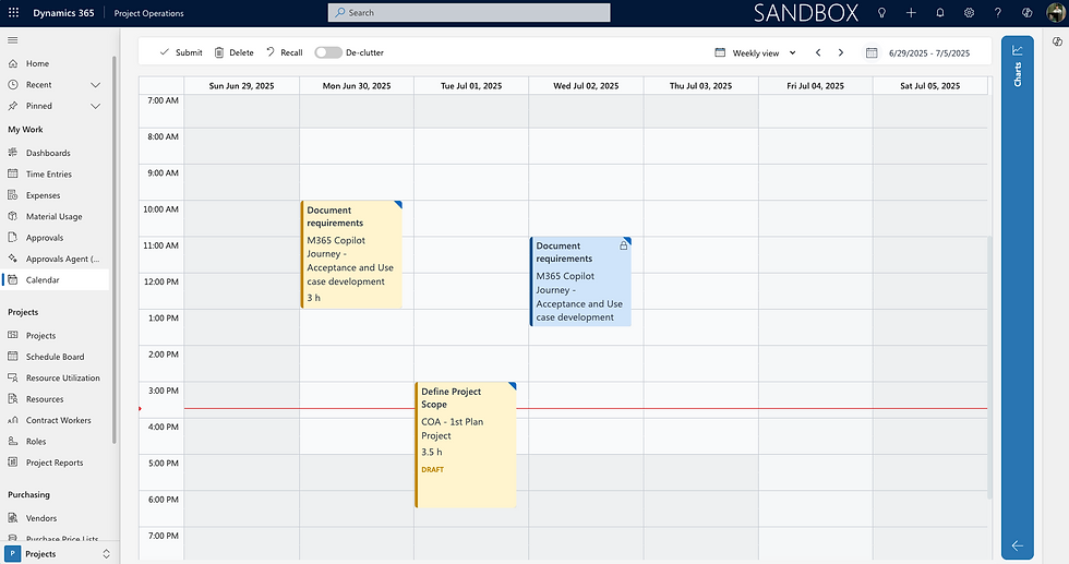 Weekly calendar view in Dynamics 365 showing events: "Document requirements" on 6/30 and 7/2, "Define Project Scope" on 6/30.