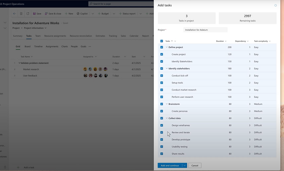 Task management software interface showing a task list for "Installation for Adventure Works." Tasks have durations and complexities.