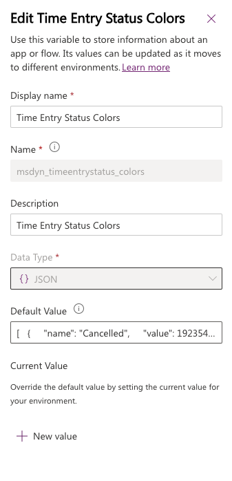 Form titled "Edit Time Entry Status Colors" with fields for display name, name, description, data type (JSON), and default value.