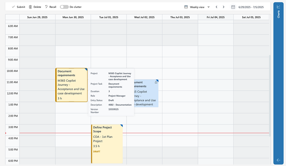Calendar view with tasks: "Document requirements" on Mon, Jun 30, and "Define Project Scope" on Fri, Jul 4. Tasks have details and drafts.