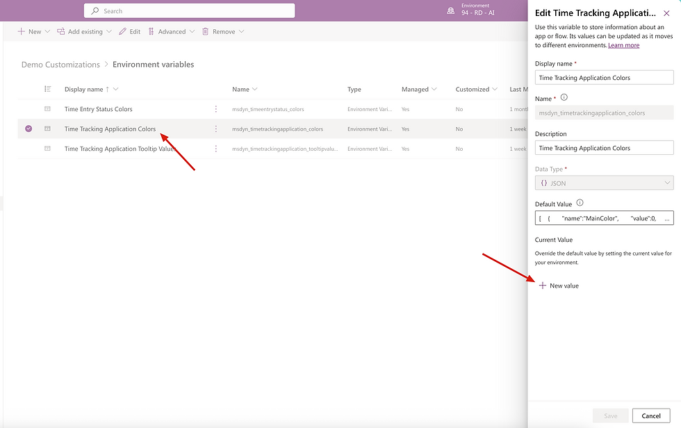 UI screenshot showing a list of environment variables under "Demo Customizations." An edit panel for "Time Tracking Application Colors" is open on the right.