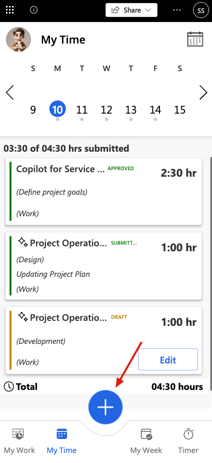 Time management app interface showing logged hours for tasks. Entries are marked as approved, submitted, and draft. Blue plus button at bottom.