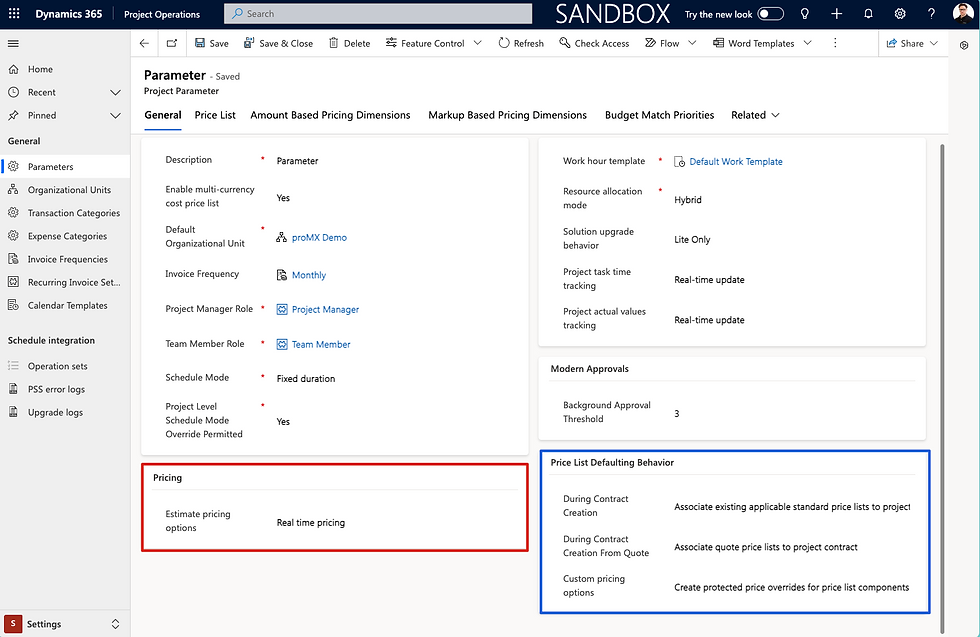 Project Parameter settings