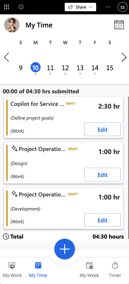 Calendar app interface showing logged work hours. Tasks listed with durations; total 4:30 hrs. Dates 9-15 displayed. "My Time" tab active.