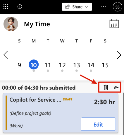 Calendar interface showing a weekly view with a task labeled "Copilot for Service" 2:30 hr, options to delete or submit, and edit button.