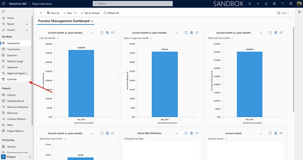 Dashboard showing blue bar charts of month comparisons: cost, margin, and sales with project menu on the left under "Practice Management."