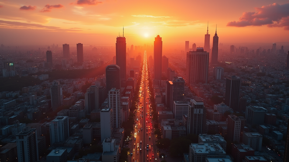 High angle view of a vibrant cityscape at sunset