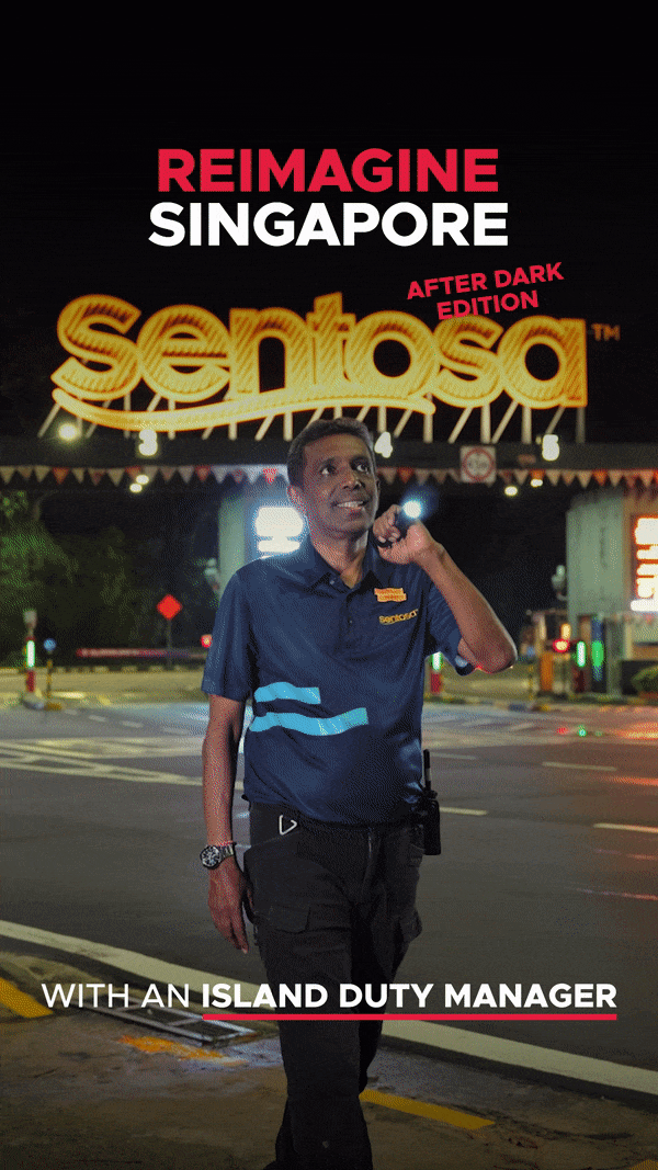 Tourism campaign featuring Sentosa and hospitality staff under branded signage