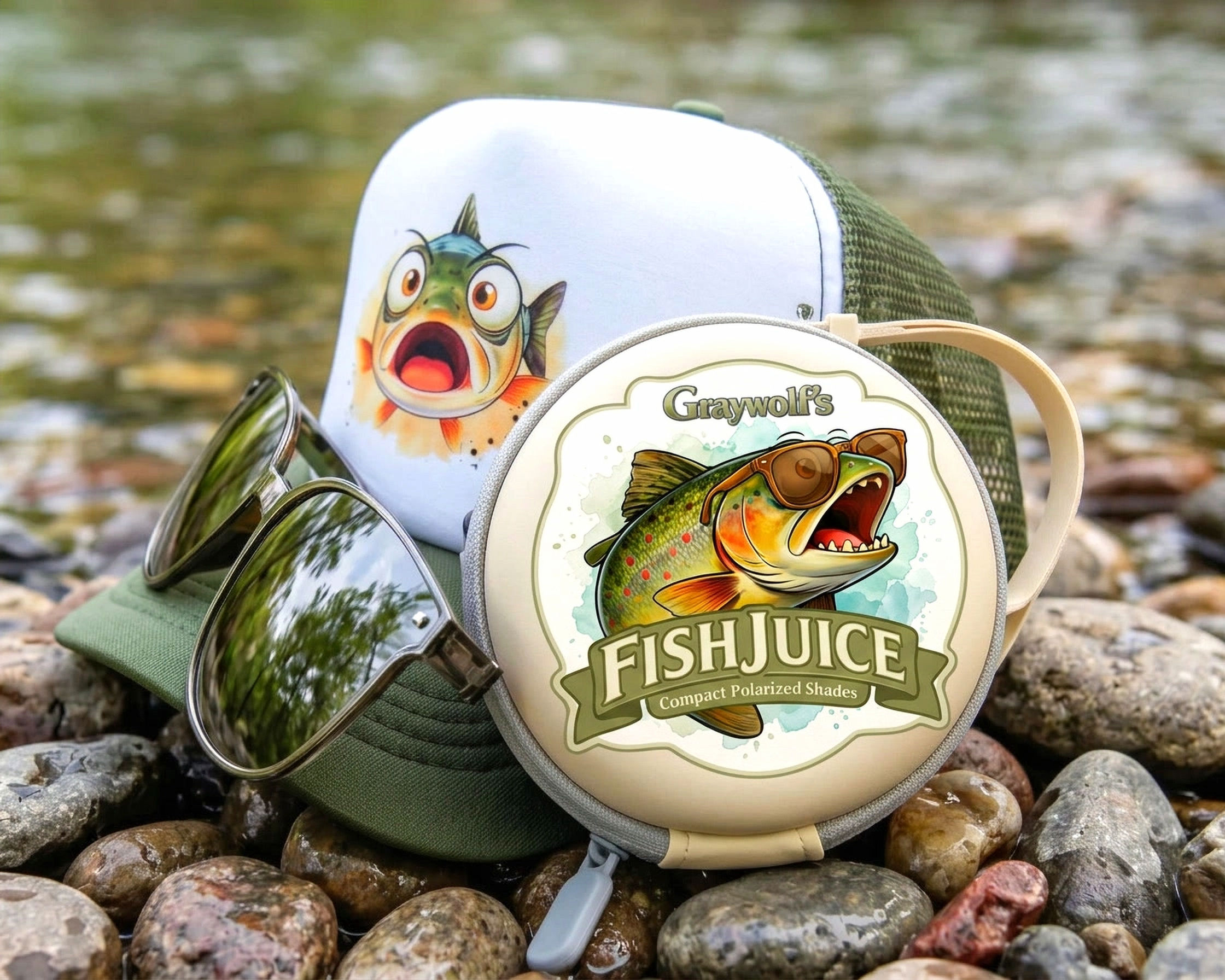 Scared Fish Trucker Hat + FishJuice Compact Polarize Shades Bundle