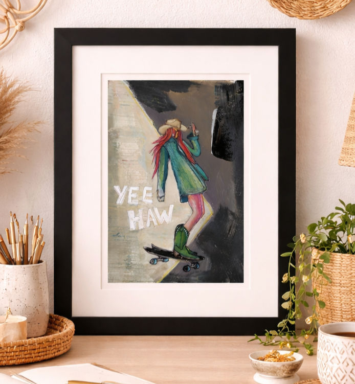 Colorful western cowgirl skate art print featuring a fearless cowgirl riding a skateboard in an expressive contemporary style