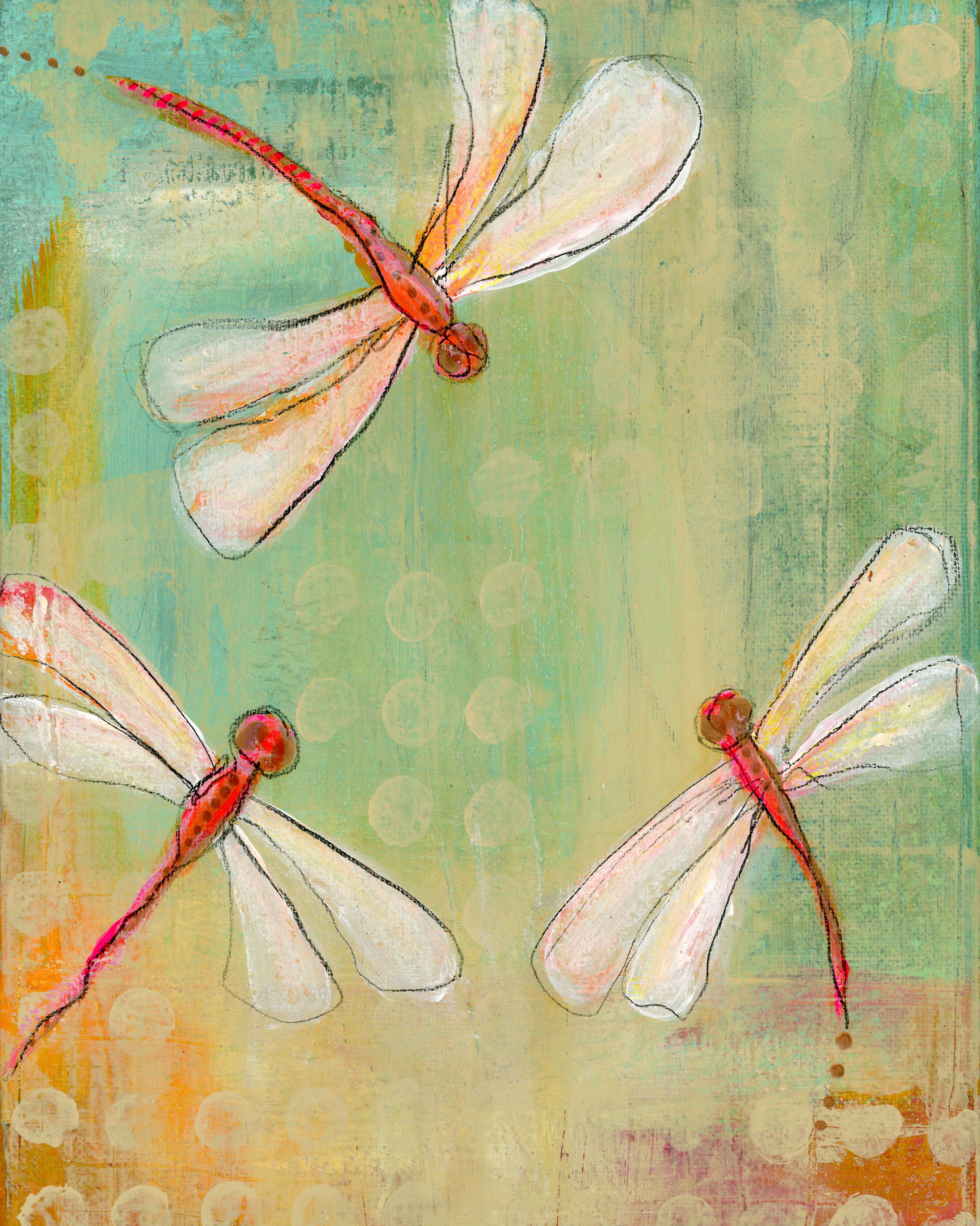 8x10 original dragonfly painting with soft layered colors and three dragonflies in motion on a textured background
