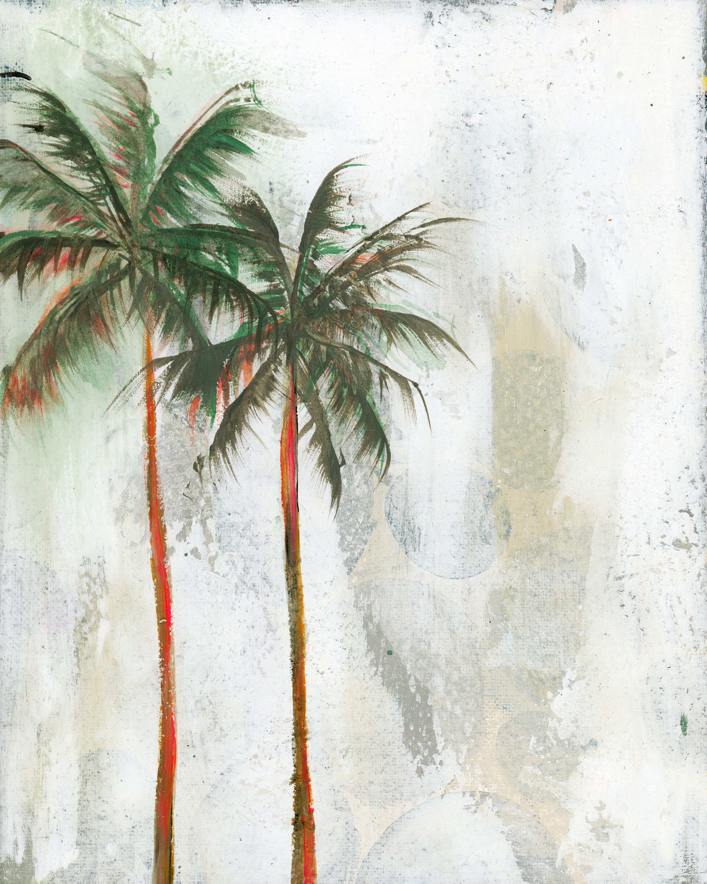 Coastal palm tree painting featuring expressive green palms layered over soft neutral textures in a modern contemporary style