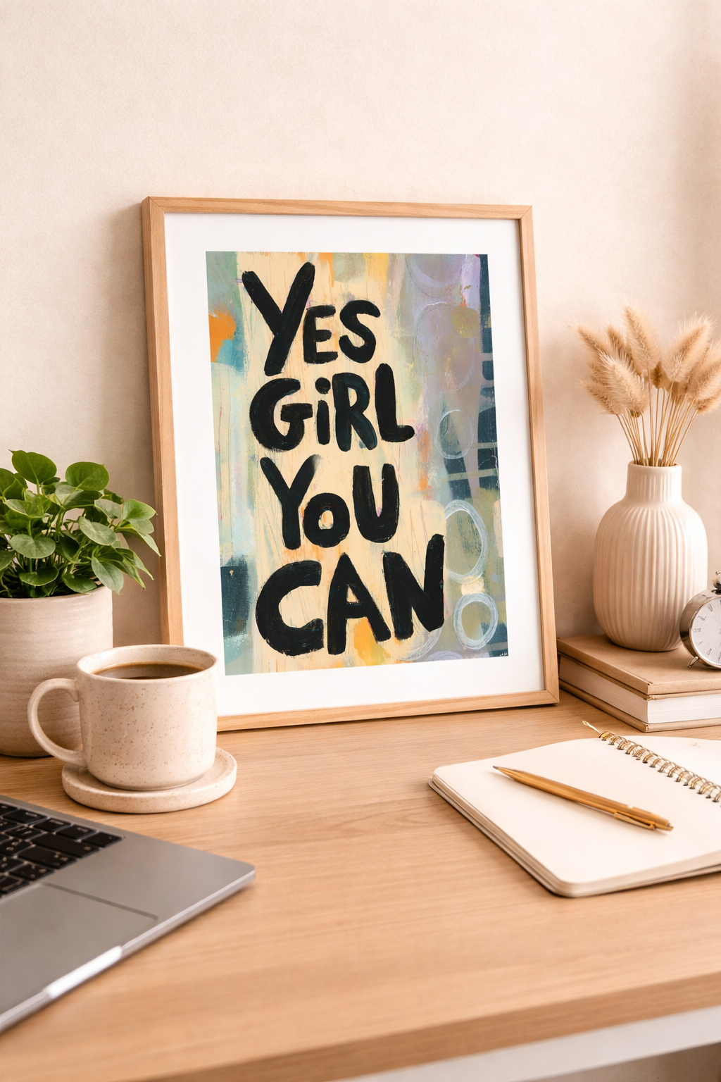 Colorful motivational mini wall art print with the phrase Yes Girl You Can, perfect for desk decor, office styling
