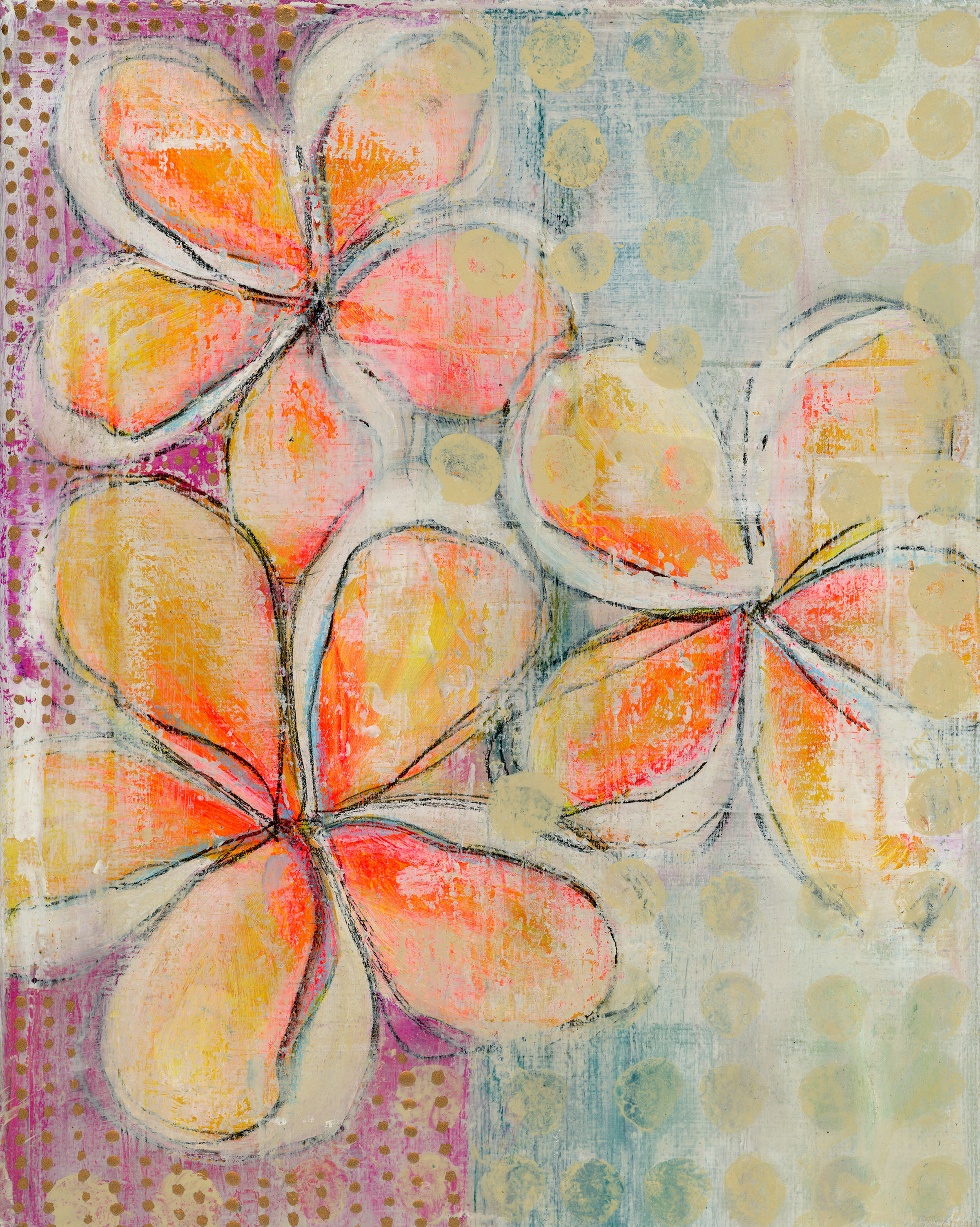 Abstract coastal floral painting with oversized peach, coral, and cream tropical blooms layered over soft blue textures and d