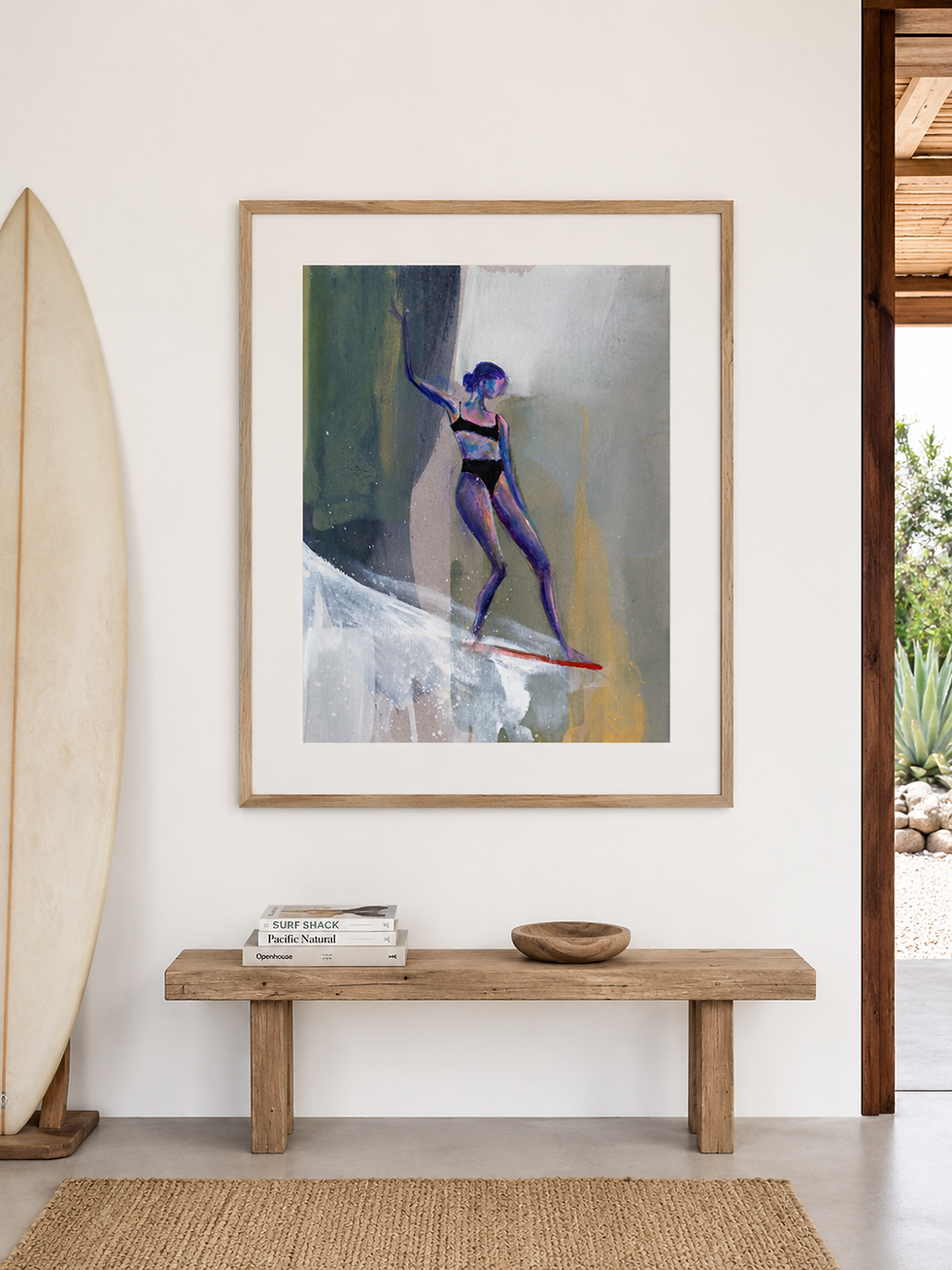 Thumbnail: Abstract coastal art print featuring a graceful surfer girl balancing on a surfboard in soft muted tones of blue, purple, oli
