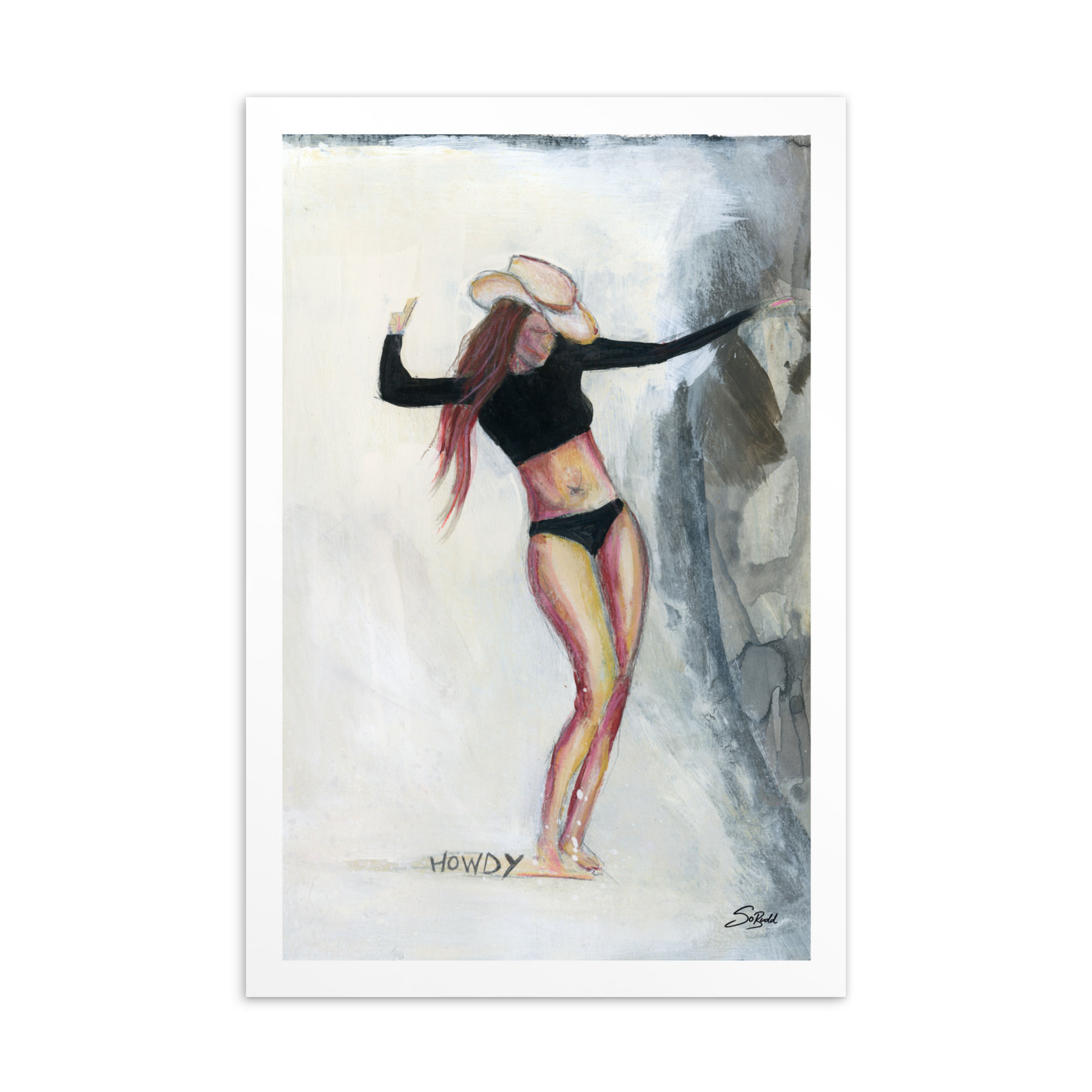 Abstract coastal cowgirl mini print featuring a barefoot female figure in a cowboy hat and black swimwear with soft gray, whi