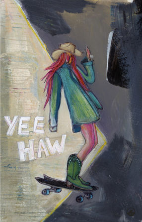 Vibrant coastal cowgirl skateboarding painting—surf, skate, and western energy in abstract color by Sophia Buddenhagen