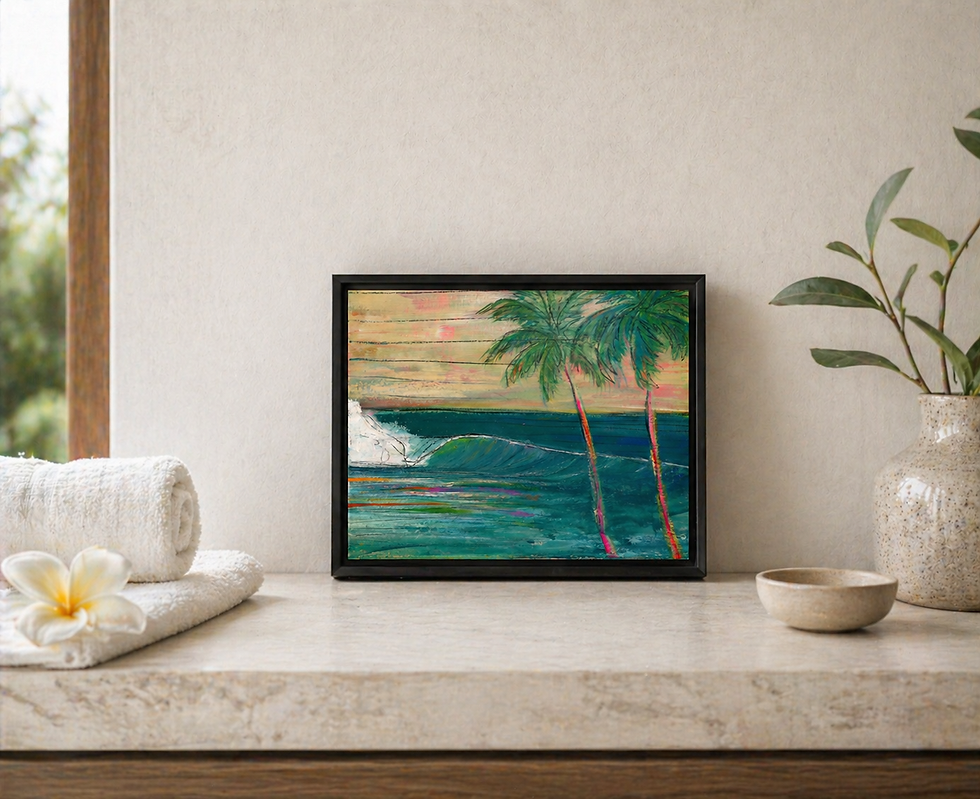 10x8 original coastal painting featuring palm trees and a rolling ocean wave with soft layered colors and expressive brushwor