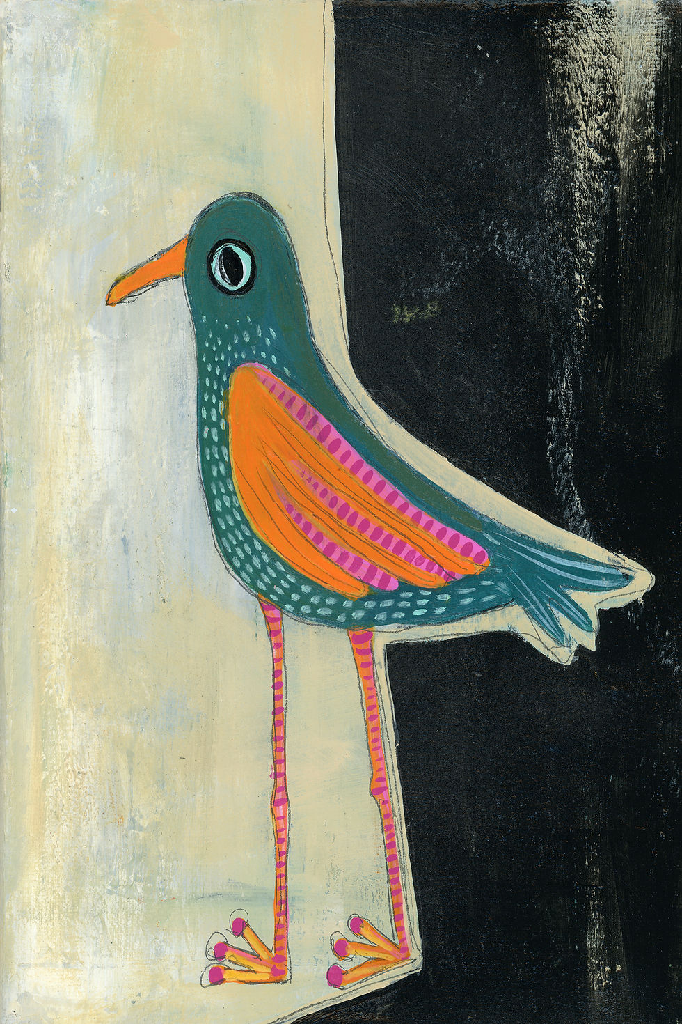 8x10 original bird painting with long legs and layered colorful patterns on a dark background with expressive brushwork