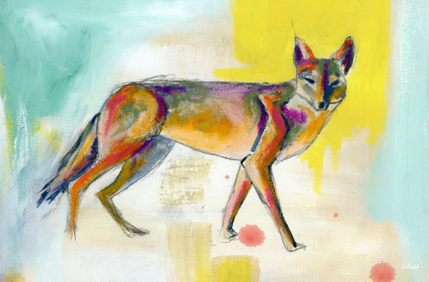 Colorful abstract coyote painting on 10x8 canvas with turquoise, yellow, coral, and violet tones, featuring a walking coyote