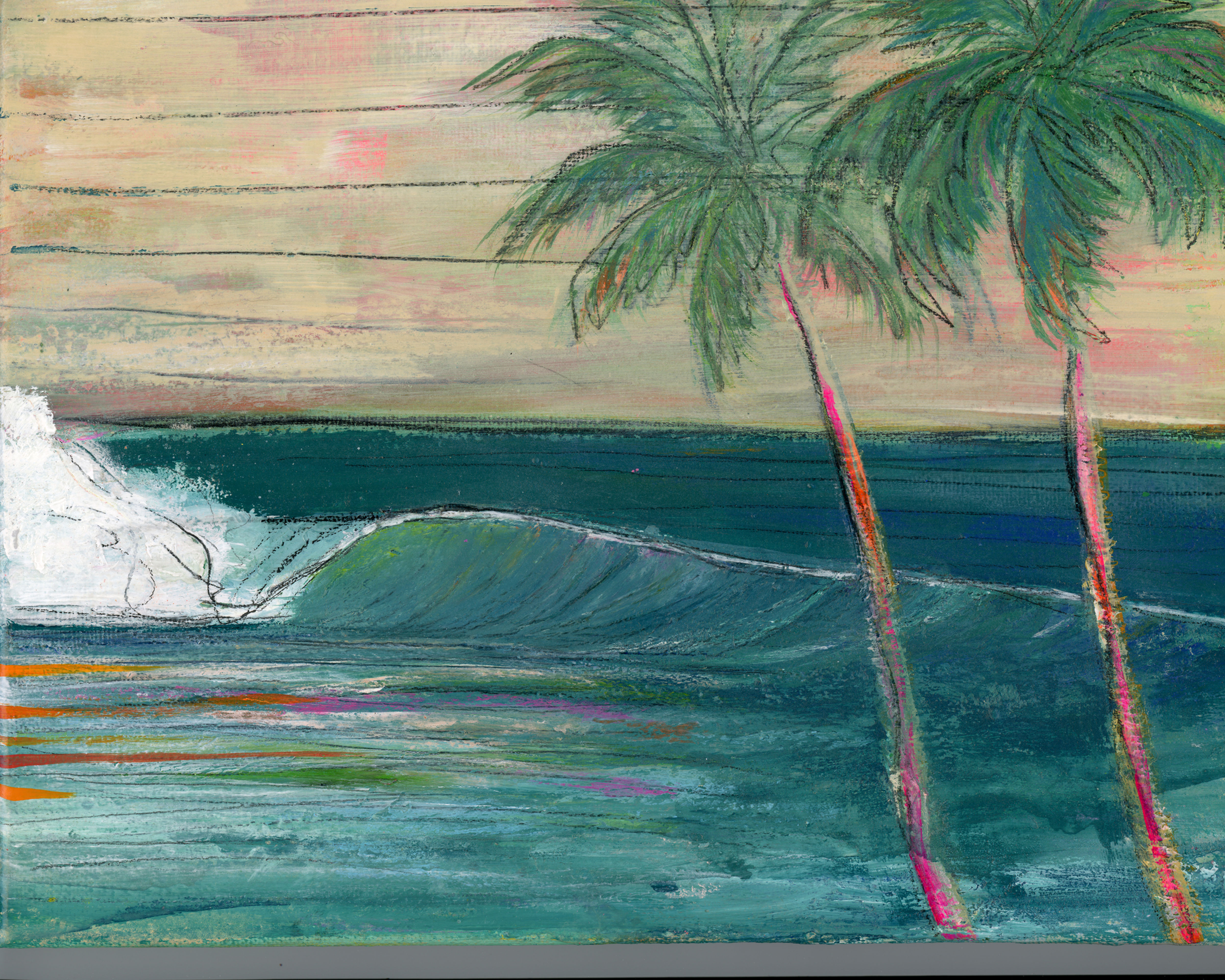 10x8 original coastal painting featuring palm trees and a rolling ocean wave with soft layered colors and expressive brushwor