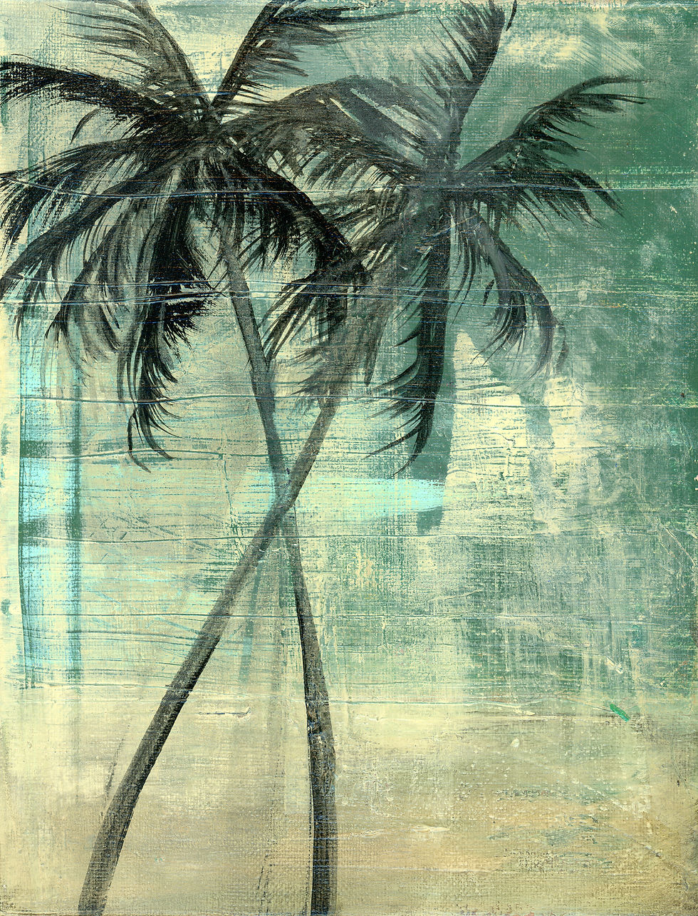 Textured coastal palm tree painting featuring expressive black palms layered over soft seafoam and sandy neutral tones in a m