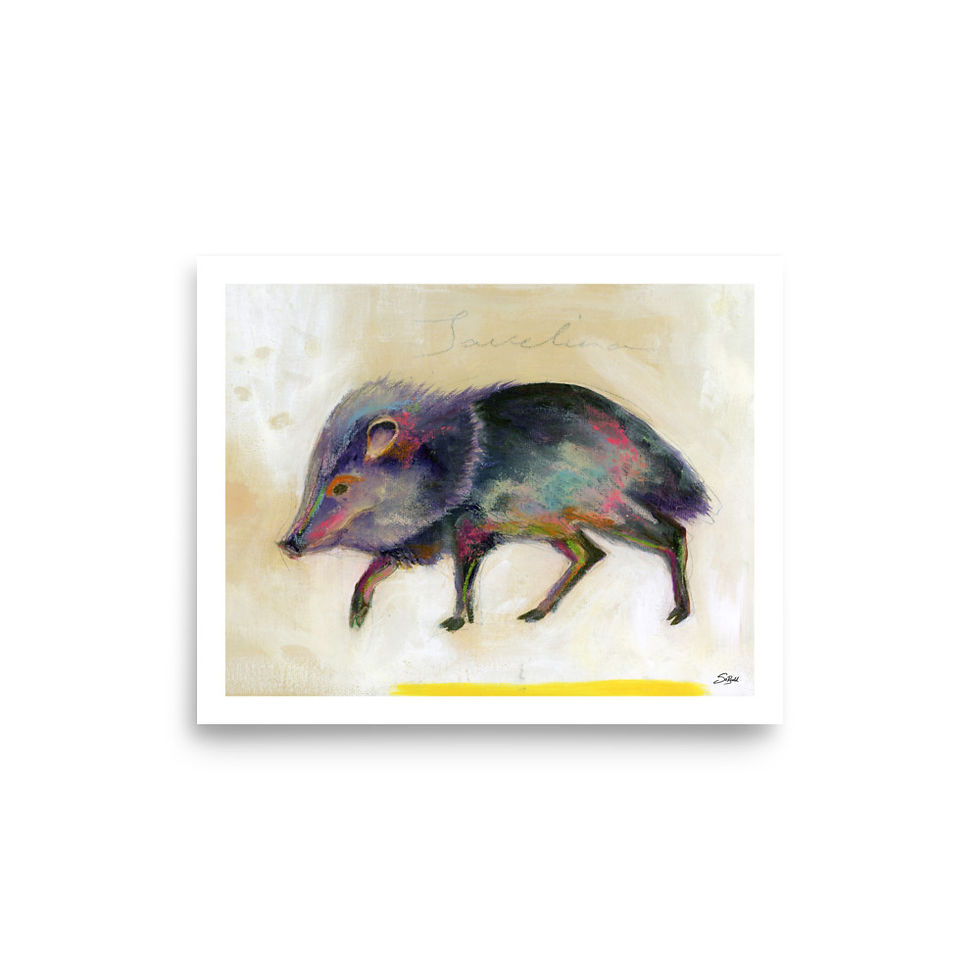 Thumbnail: art print of a javelina standing in a desert landscape, painted in a bold contemporary style with earthy tones